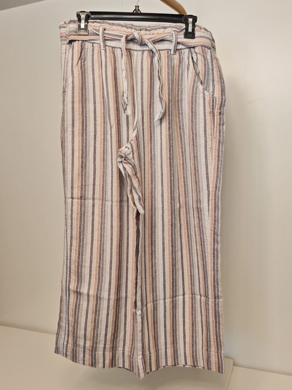 Rewind Womens XL Striped Wide Leg Linen Blend Drawstring Pants Neutral Boho